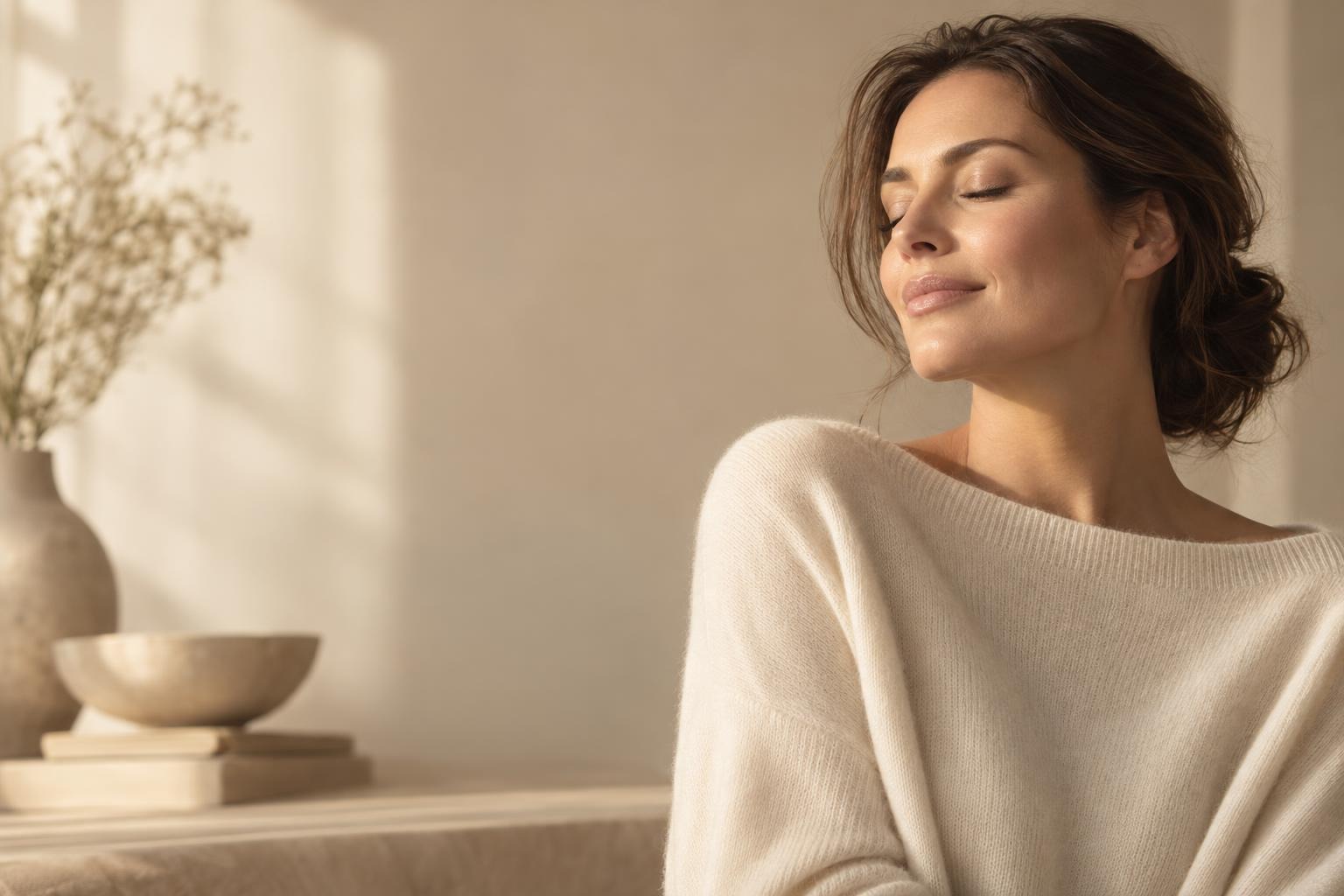 A smiling woman with dark wavy hair and closed eyes, wearing a cream sweater in soft sunlight.