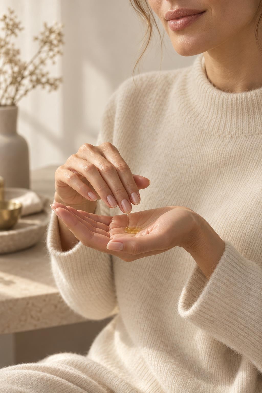 Hands in a cream knit sweater holding a drop of clear serum.
