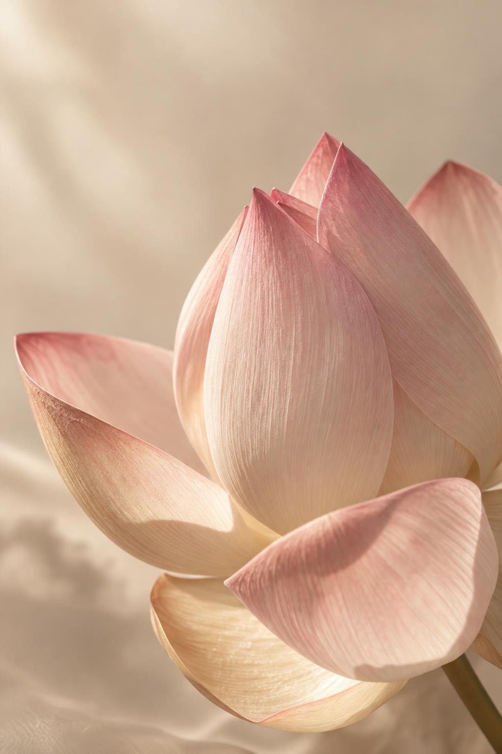 Close-up of a pale pink lotus flower against a warm beige wall.