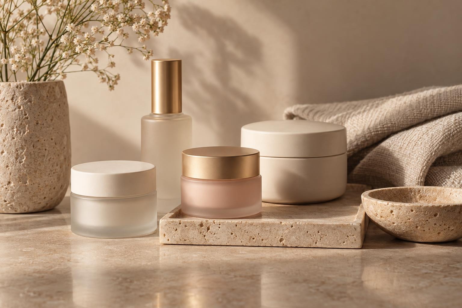 Skincare jars and bottles with gold caps on a stone tray beside a folded linen towel and dried flowers.