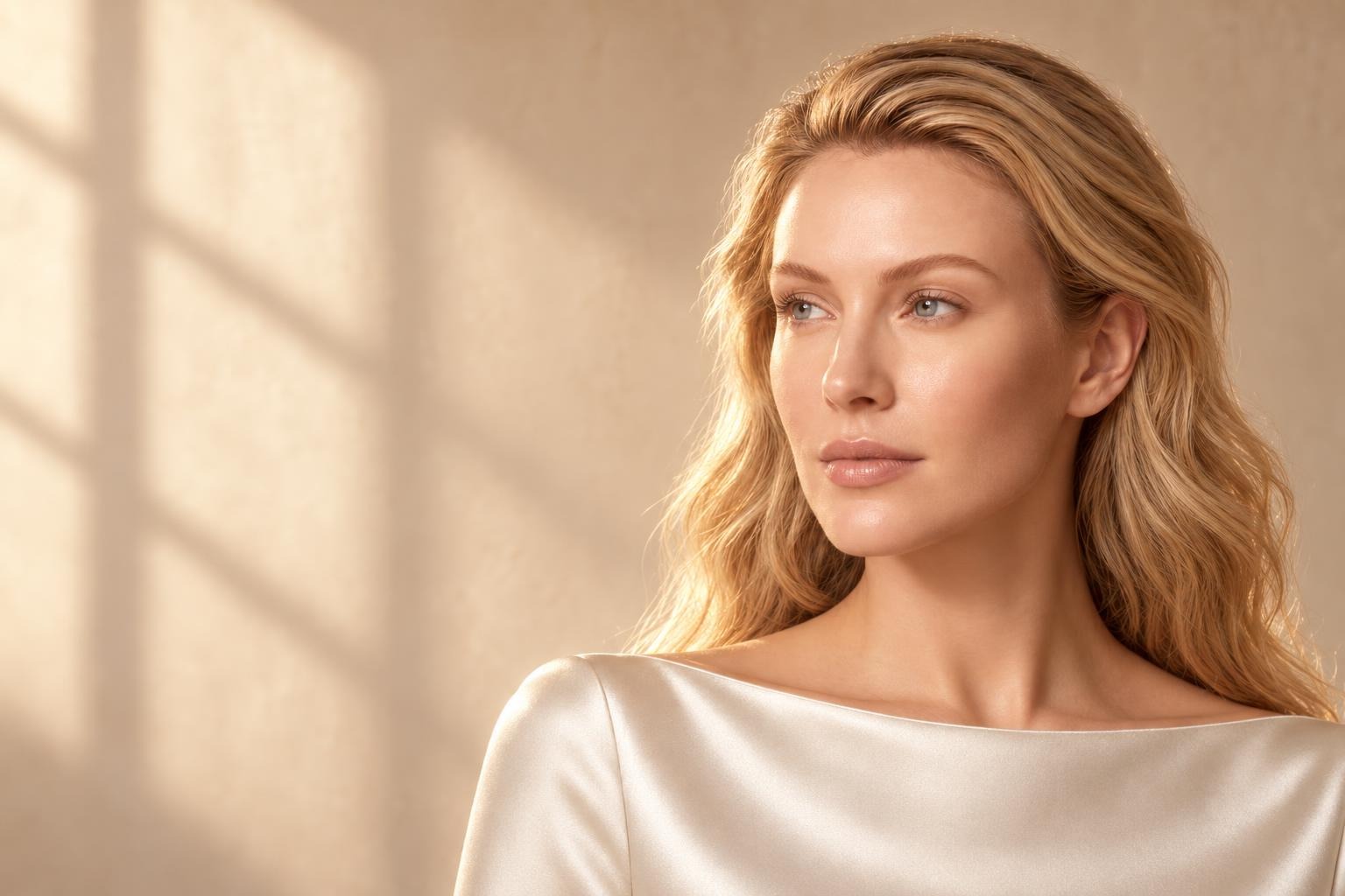 A woman with long wavy blonde hair and an ivory satin top, in a three-quarter profile, gazing to the side in soft morning light.