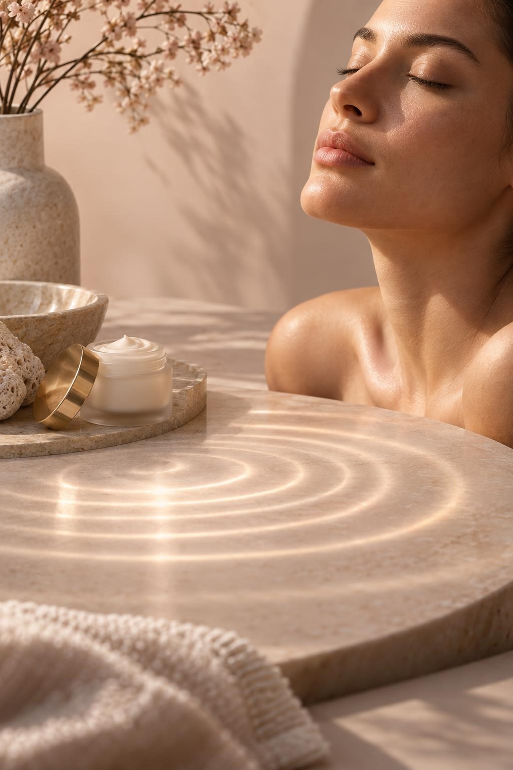 A woman with closed eyes beside a round stone surface marked with concentric rings of light.