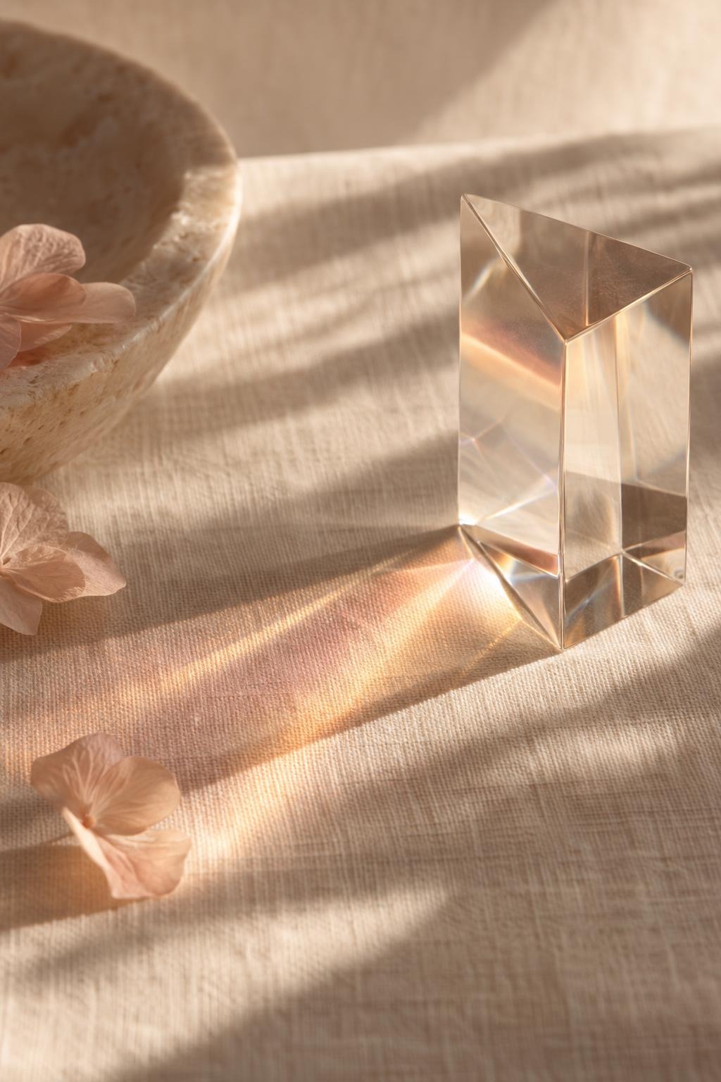 A glass prism casting a band of warm light across a linen surface.