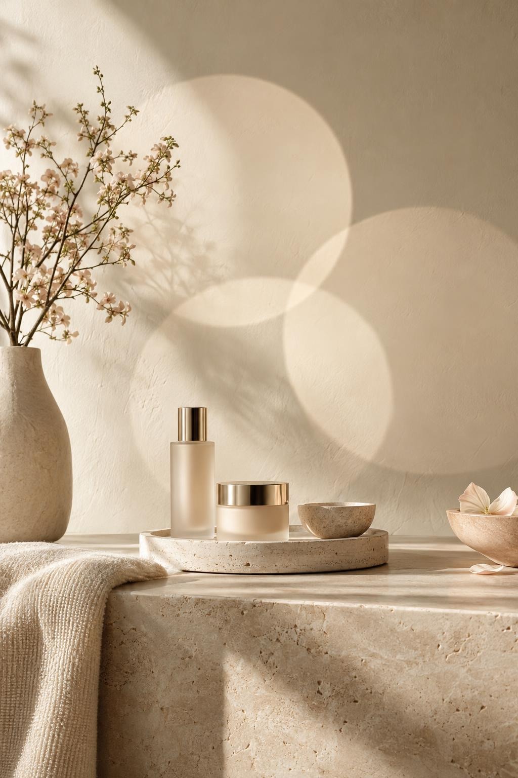 Three overlapping circles of soft light on a beige wall above small skincare bottles and dried flowers.