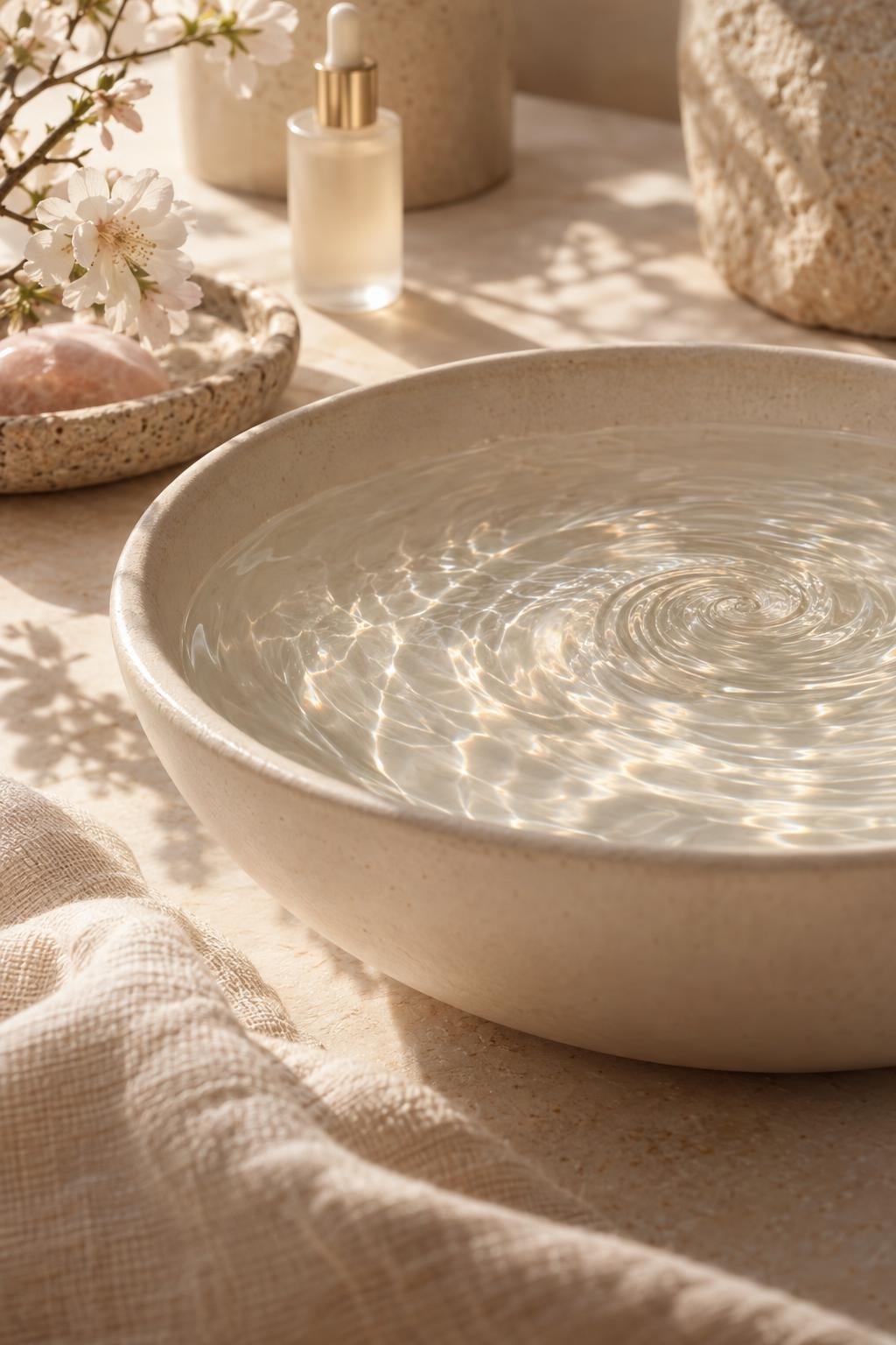 A stone basin of gently rippling water, with small bottles and dried flowers behind it.