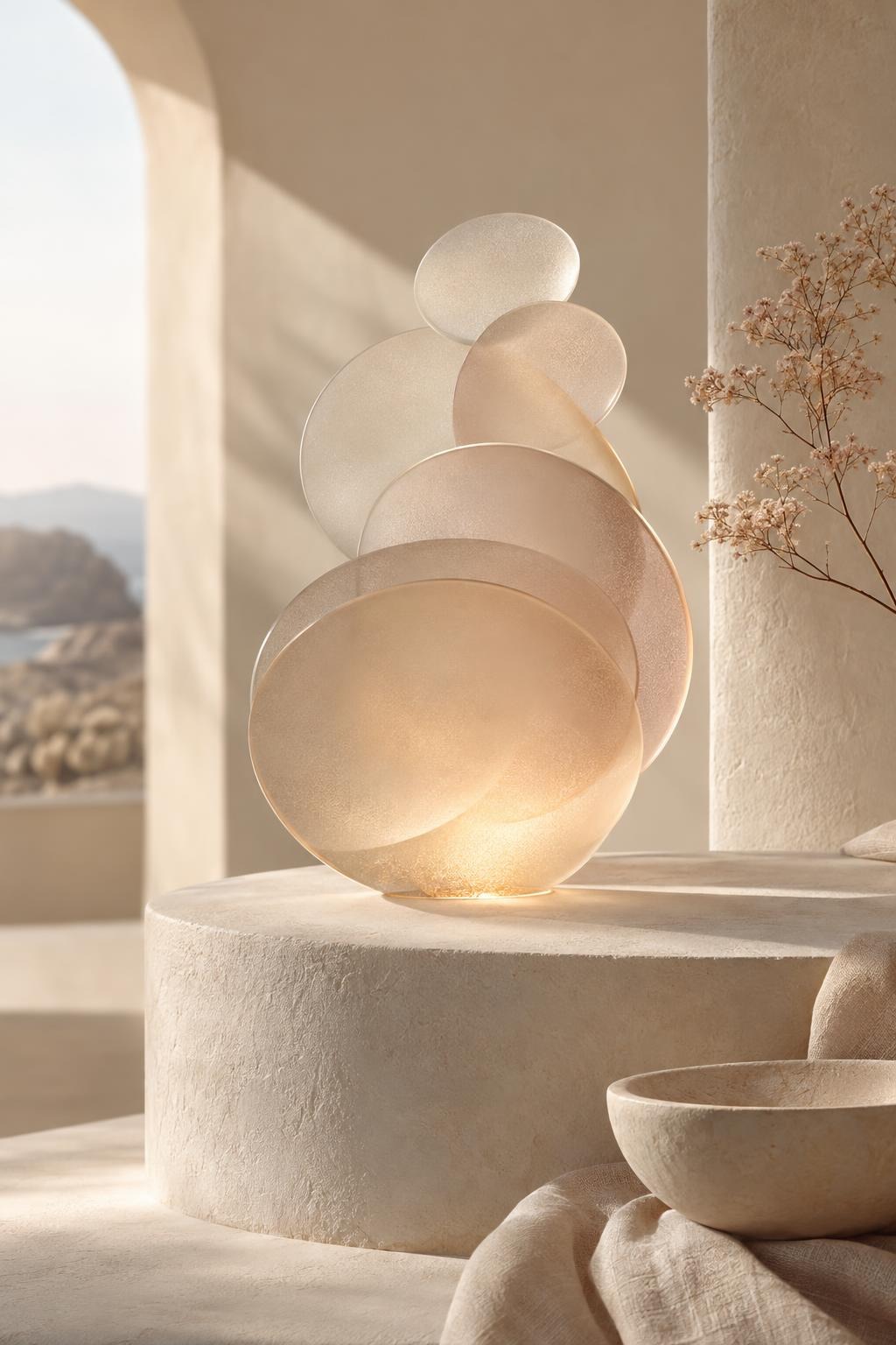 Stacked translucent discs glowing softly on a stone plinth in an arched alcove.