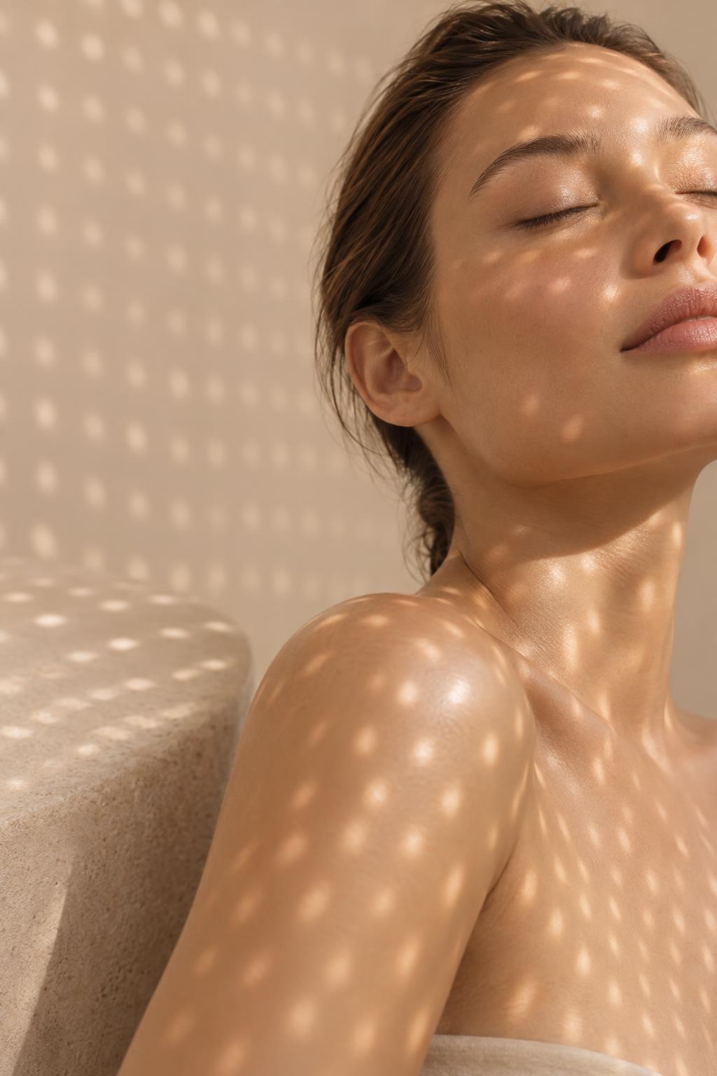 A woman with closed eyes, the face dappled with small points of sunlight.