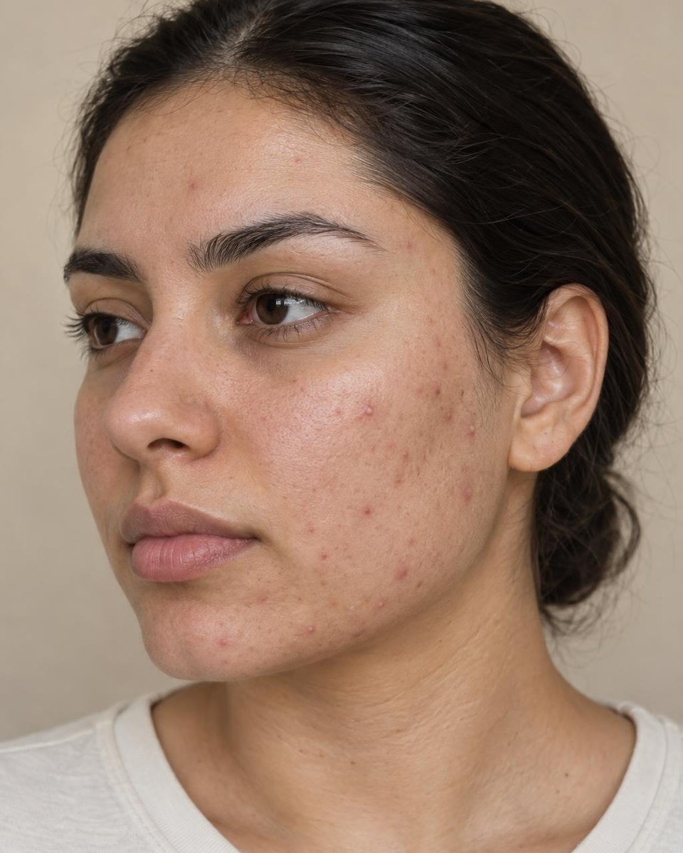 Before: a young adult with medium olive skin, three-quarter view (AI-generated demo image).